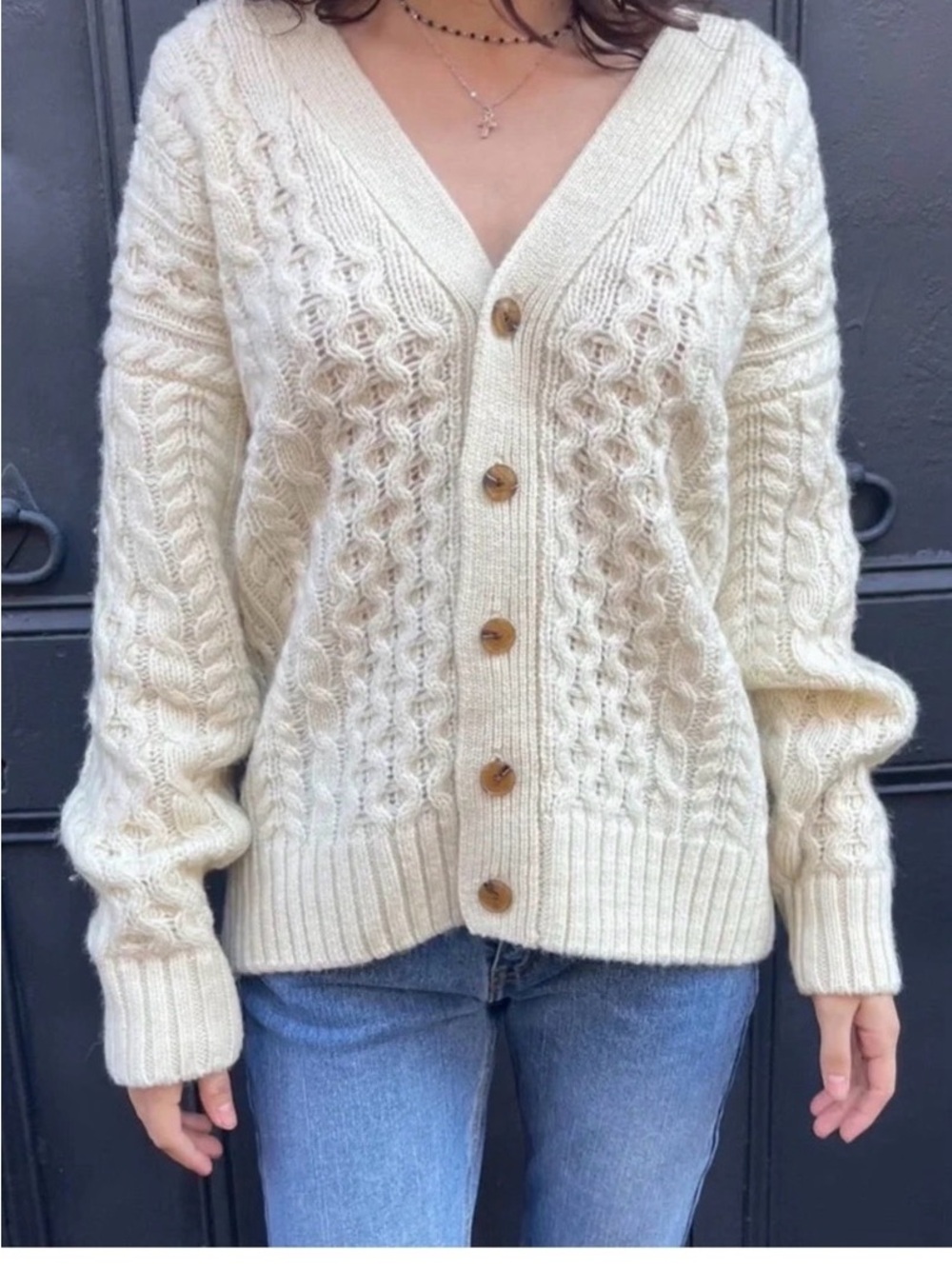 Brandy Melville Cream Cable Cardigan with Wood Buttons